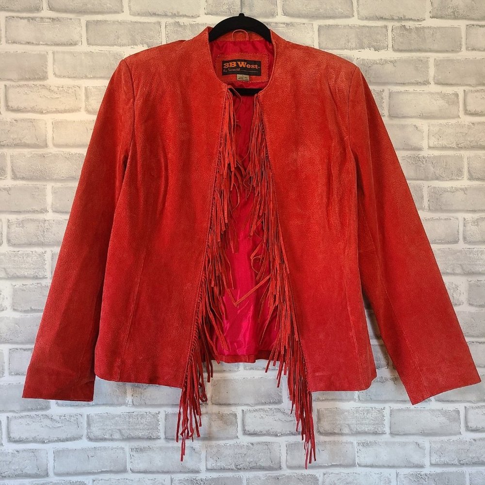 3B West Womens Fringed Leather Jacket Red Suede Open Front Size Large *read